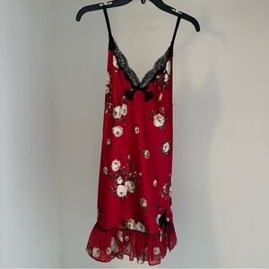 Floral Lace Trim Red Satin Slip Dress